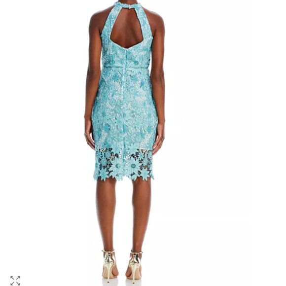 Eliza J High-Neck Sleeveless Lace Sheath Dress Mini Cocktail 12 Light Blue - Picture 2 of 10